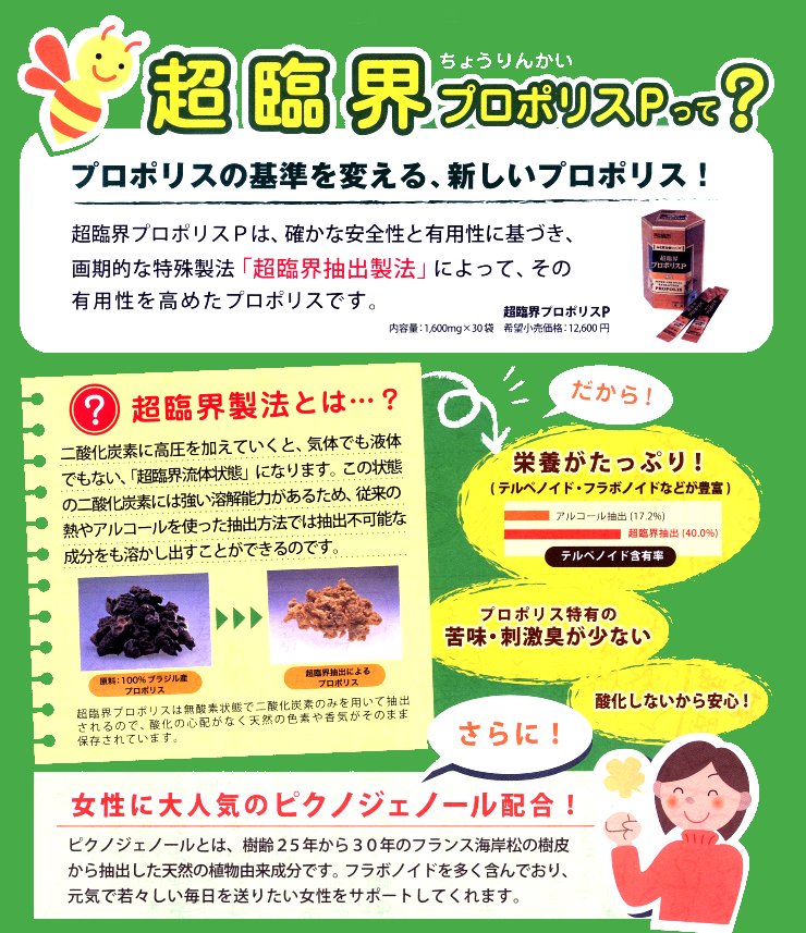 SSI協和の超臨界プロポリスは確かな安全性と有用性に基づき画期的な特殊製法「超臨界抽出製法」によってその有用性を高めたプロポリスはピクノジェノール配合